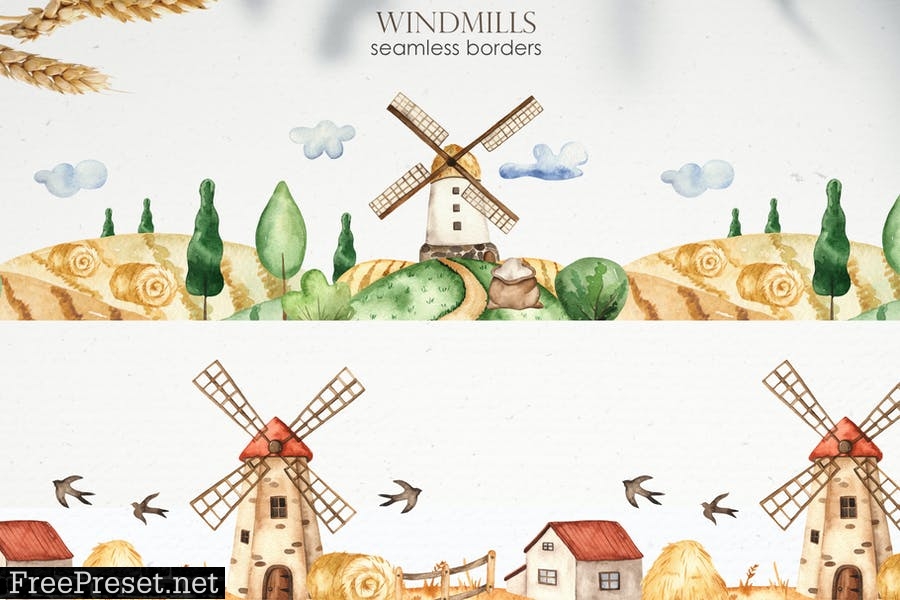 Watercolor Windmills 7UC78DF