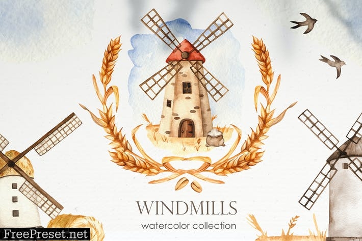 Watercolor Windmills 7UC78DF