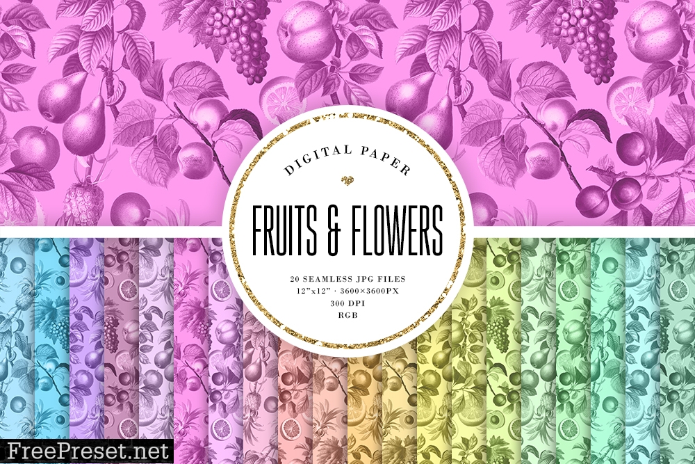 Seamless Fruits & Flowers Patterns