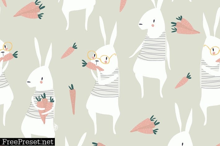 Vector seamless pattern with cute rabbits and carr 2BKG353