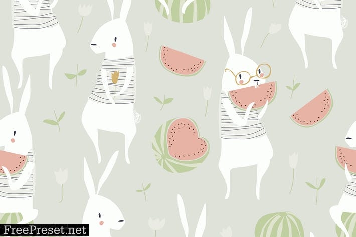 Vector seamless pattern with cute rabbits and wate CAMG5CM