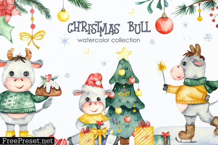 Watercolor Christmas bulls  VC8LNXB