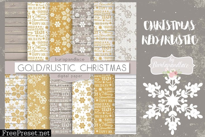 Christmas gold rustic digital paper pack Q5PGY9