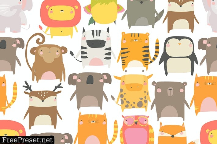 Vector seamless pattern with cute animals on white AWSQXCU