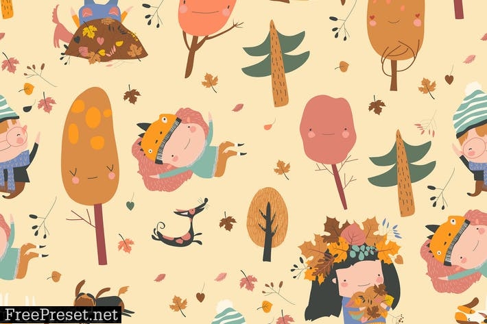 Vector seamless pattern with happy kids playing wi 6UP7BGA