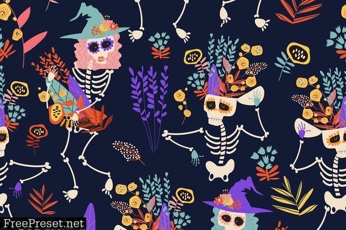 Vector seamless pattern with skeletons and flowers TW7EHDL