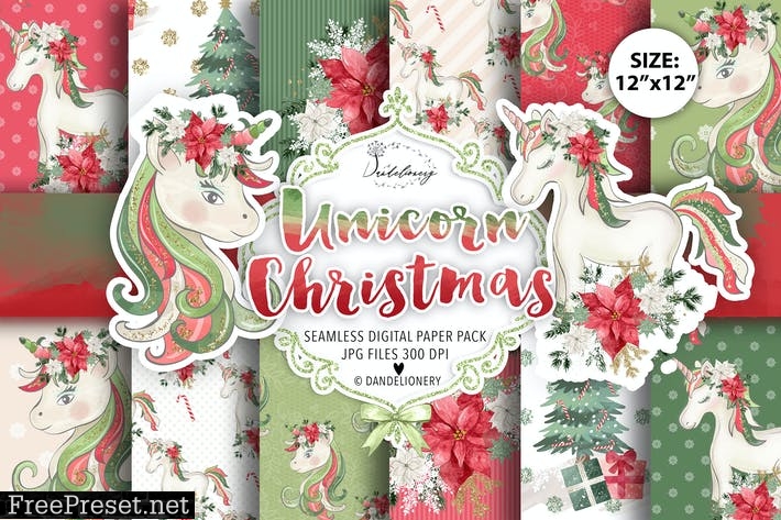 Unicorn Christmas digital paper pack 12"x12" 8JUDVCJ