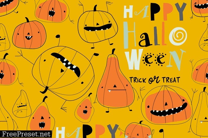 Vector seamless pattern with cartoon pumpkins VB7RWB4