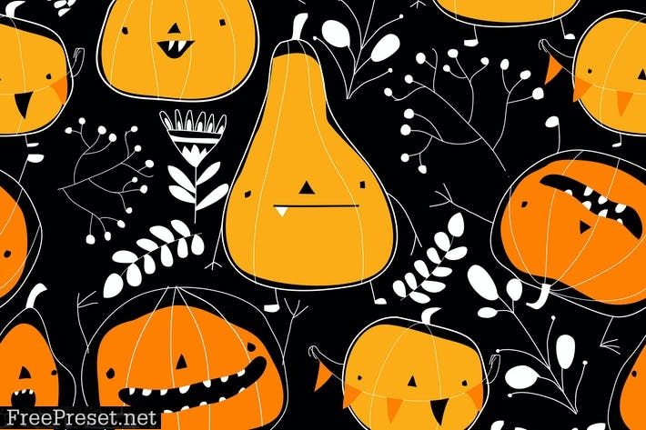 Vector seamless pattern with cartoon pumpkins