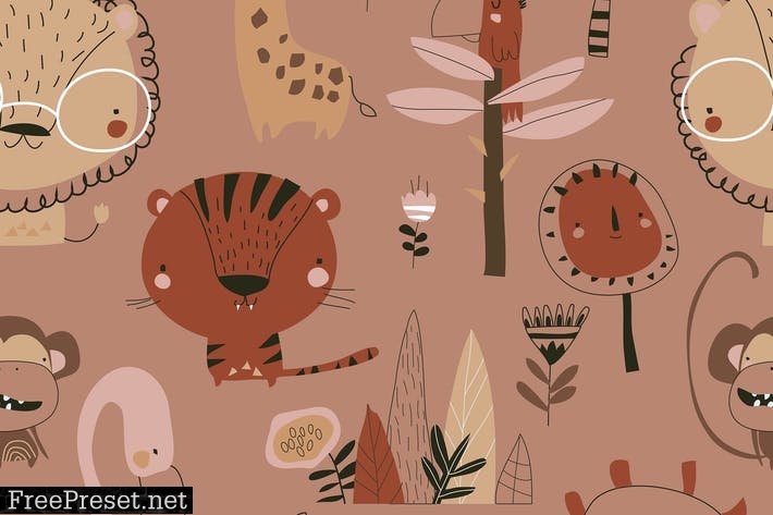 Vector Seamless pattern with cartoon wild animals BGSEYKY