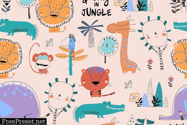 Vector Seamless pattern with cartoon wild animals RCHHMQ7