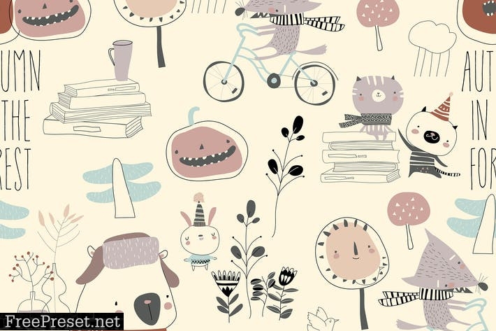 Vector seamless pattern with cute animals in autum FQGA3JD