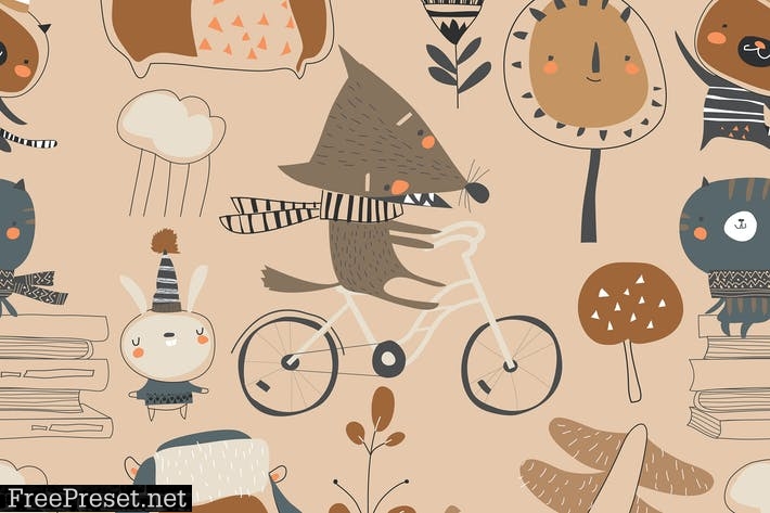 Vector seamless pattern with cute animals in autum