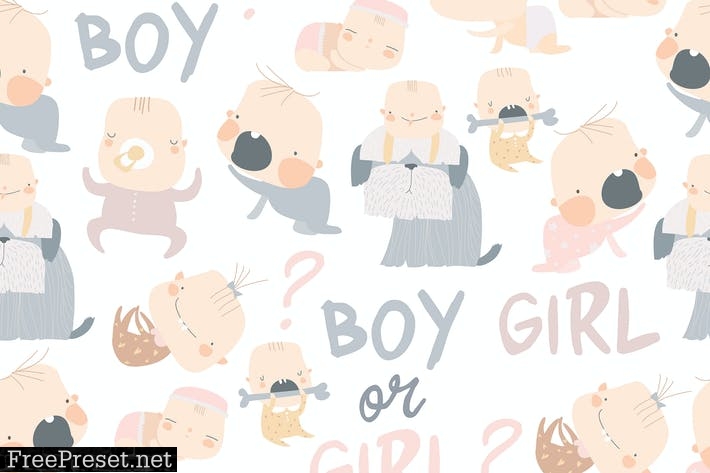 Vector seamless pattern with cute babies on white BCMKD3N