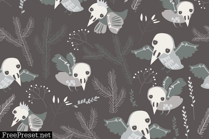 Vector seamless pattern with cute skeleton birds ZS7BDQJ