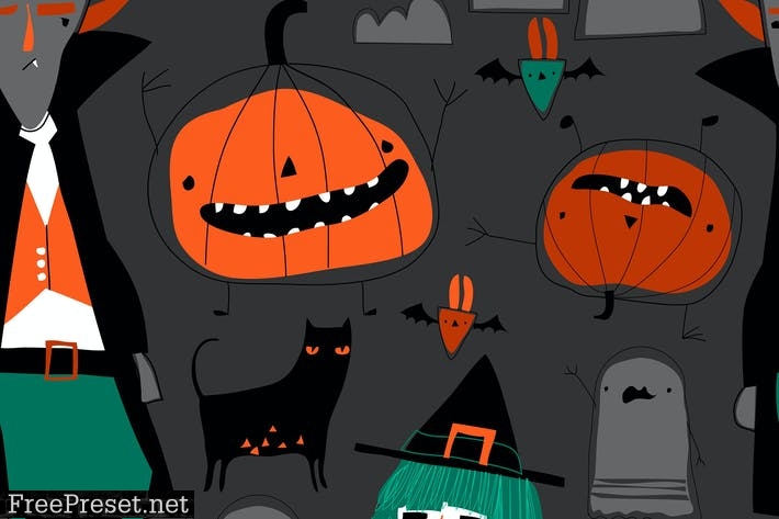 Vector seamless pattern with Halloween characters HU2PXDQ