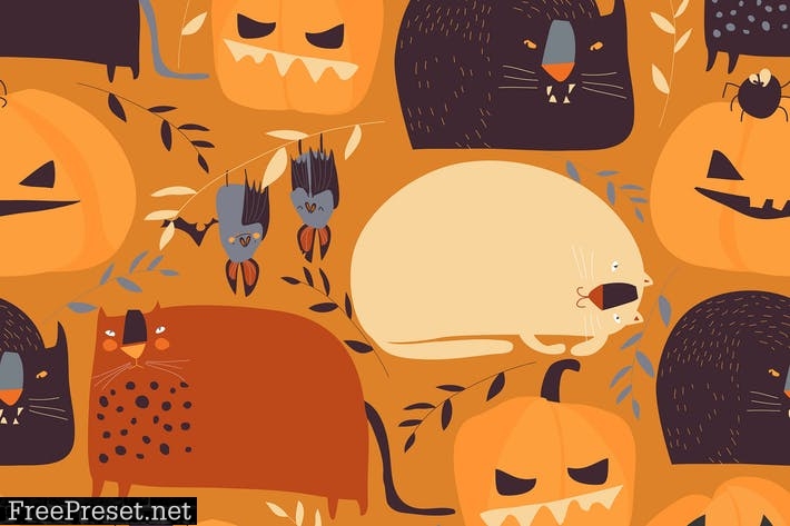 Vector seamless pattern with pumpkins and cats o HVH872J