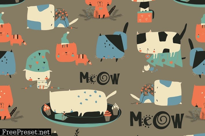 Vector seamless pattern with cute crazy cats 7DTJ4AU