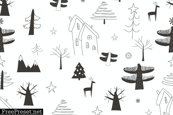 Vector seamless pattern with village in the forest  7L6QJF3