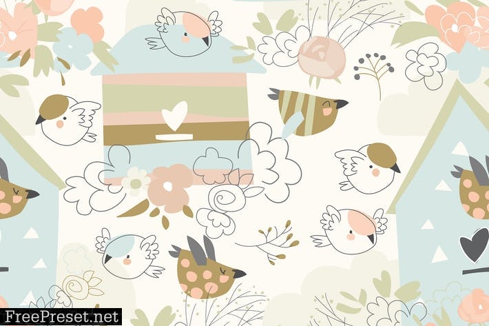 Vector seamless pattern with flowers,birds and bir JYAZFLN