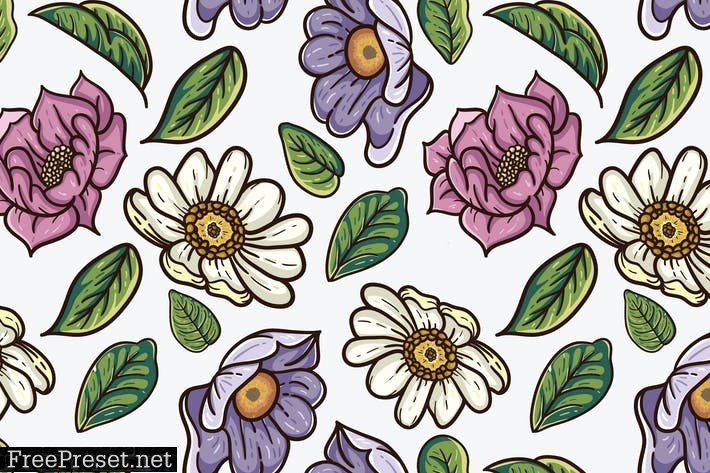 vintage vector pattern of flowers and leaves X9KFVHW