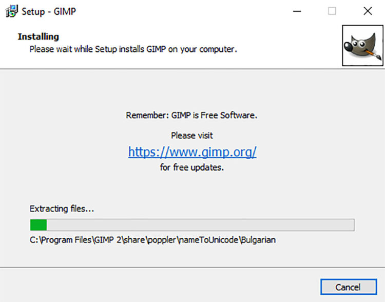 progress meter for installing GIMP on windows