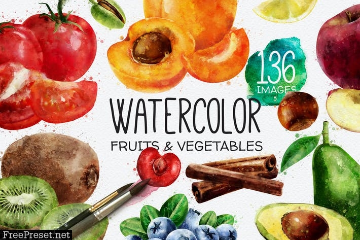 136 Watercolor Fruits And Vegetables JAZQSS