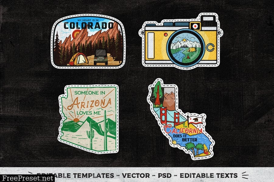 20 Camp Adventure Badges Vintage Travel Patch SVG