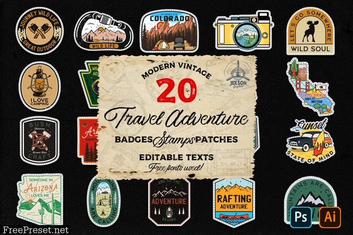 20 Camp Adventure Badges Vintage Travel Patch SVG