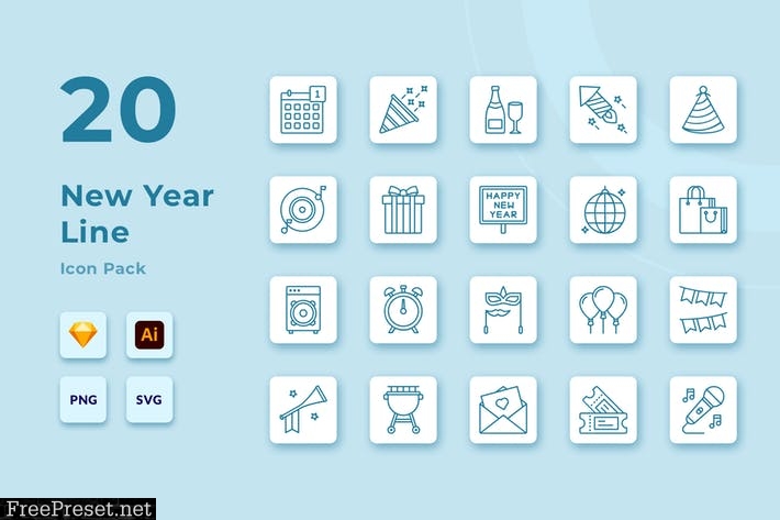 20 New Year Celebration Line Icons Set R7PJQVX