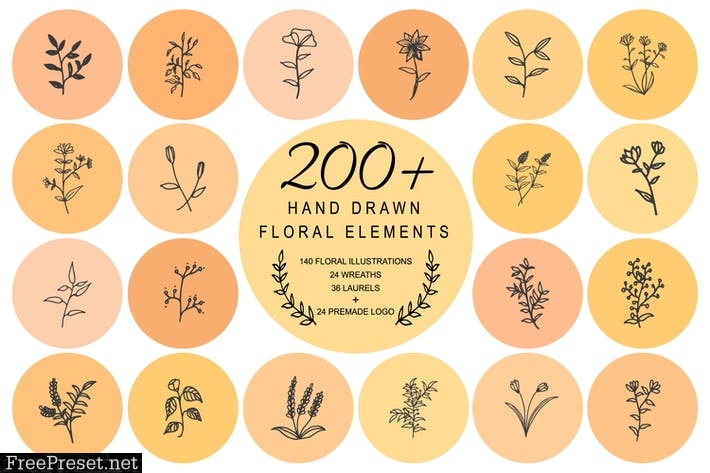 200 Hand Drawn Floral Wreaths Laurels C2DLDQL