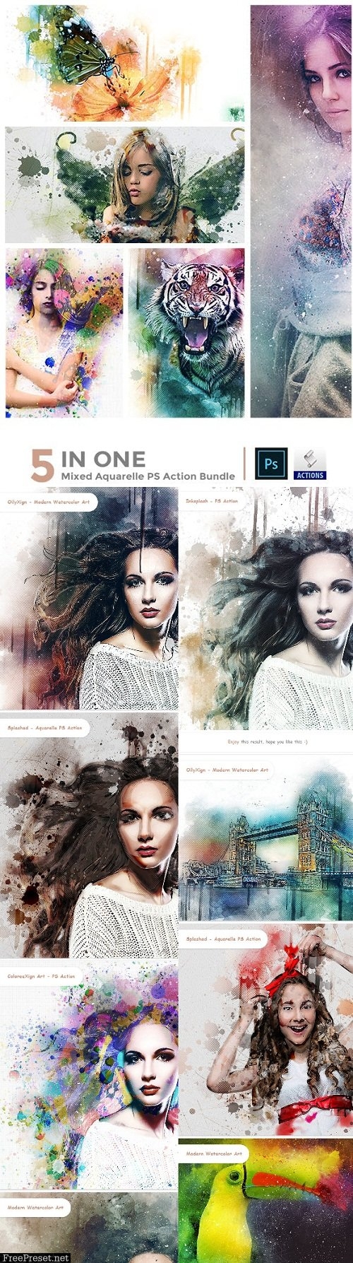 5 in One Mixed Aquarelle PS Action Bundle 23066719