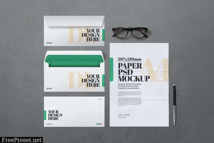 A4 Paper And DL Envelopes Mockup