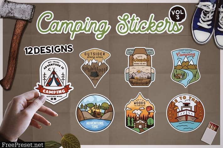Camping Stickers Bundle Vector Travel Emblems Vol3 ACC56Q5