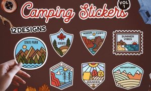 Camping Stickers Bundle Vector Travel Labels. Vol1 U23ENJL