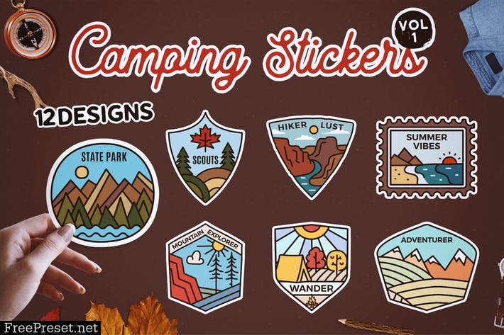 Camping Stickers Bundle Vector Travel Labels. Vol1 U23ENJL