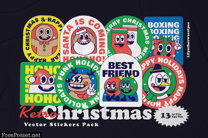 Christmas Sticker Illustration Pack 4ASBK73Christmas Sticker Illustration pack  File Features  16 AI Files + 16 EPS File 16 Pack Illustration set Size A4 (8.27x11.69 In) 300 DPI Easy Color Change Font  bowlby-one https://www.fontsquirrel.com/fonts/bowlby-one