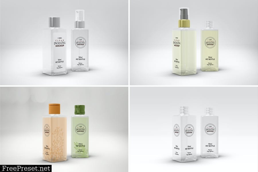 Clear 50ml Square PET Bottles Packaging Mockup