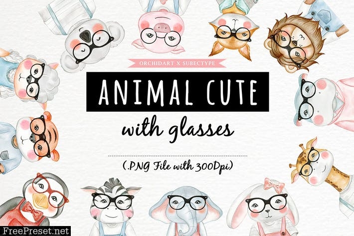 Cute Animal With Glasses Watercolor 6H6T9UX