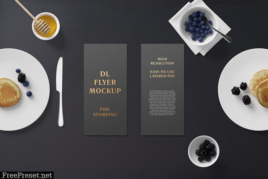 DL Flyer With Foil Stamping Mockup - Breakfast Set