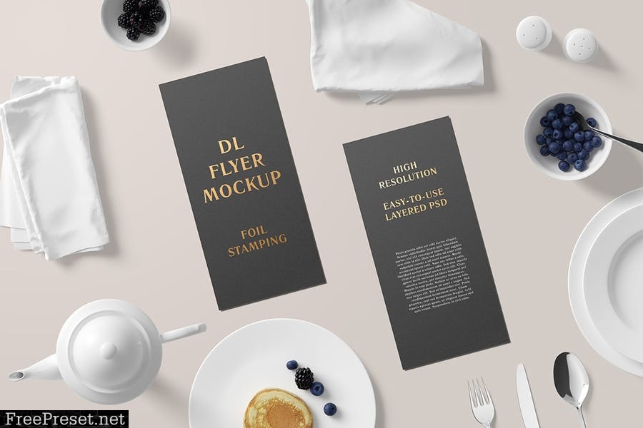 DL Flyer With Foil Stamping Mockup - Breakfast Set