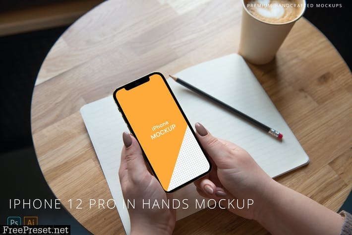 iPhone 12 Pro in Hands Mockup Cafe Office Business