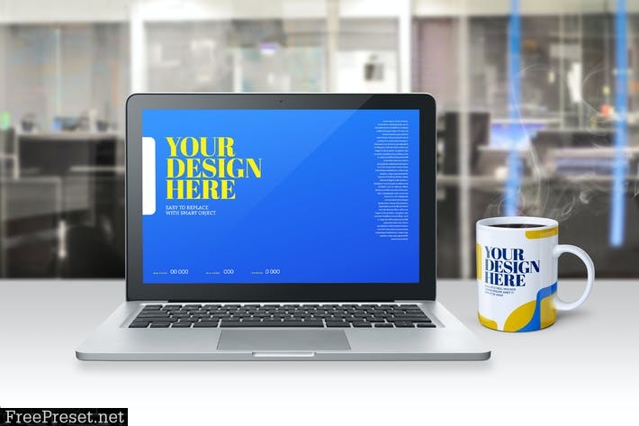 Laptop Mockup Mug Coffee Office Scene