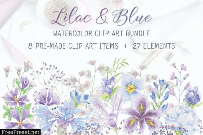 Lilac and Blue Watercolor Clip Art Bundle HJKAY9T