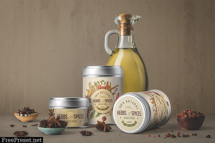 Oil Bottle and Spices Packaging Mockup