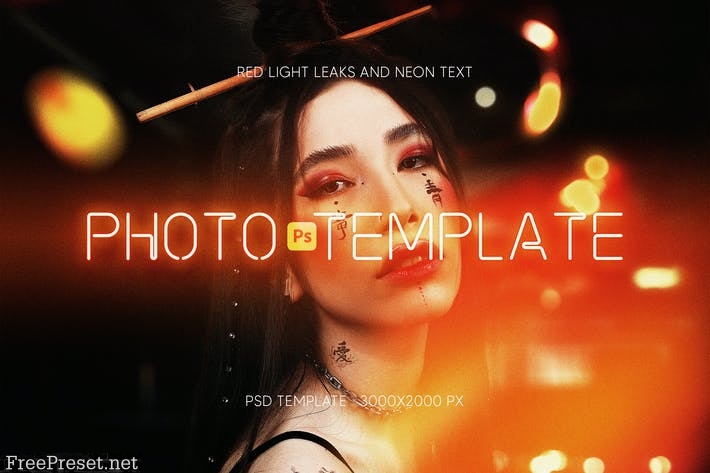 Photo Template with red light leaks and neon text