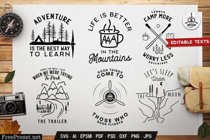 Travel Line Art Badges. Camping SVG Designs JEKDXHV