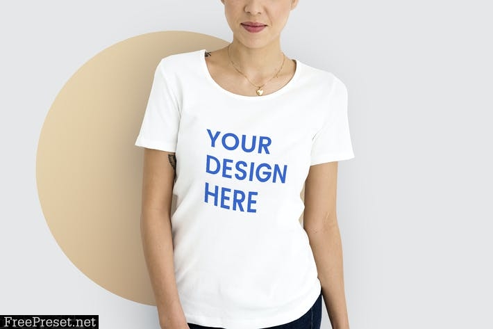 Woman wearing mockup white t-shirt