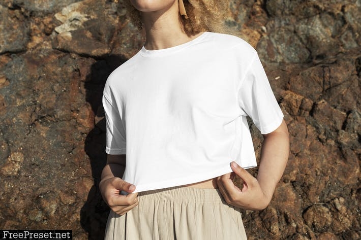 Woman wearing white t-shirt mockup