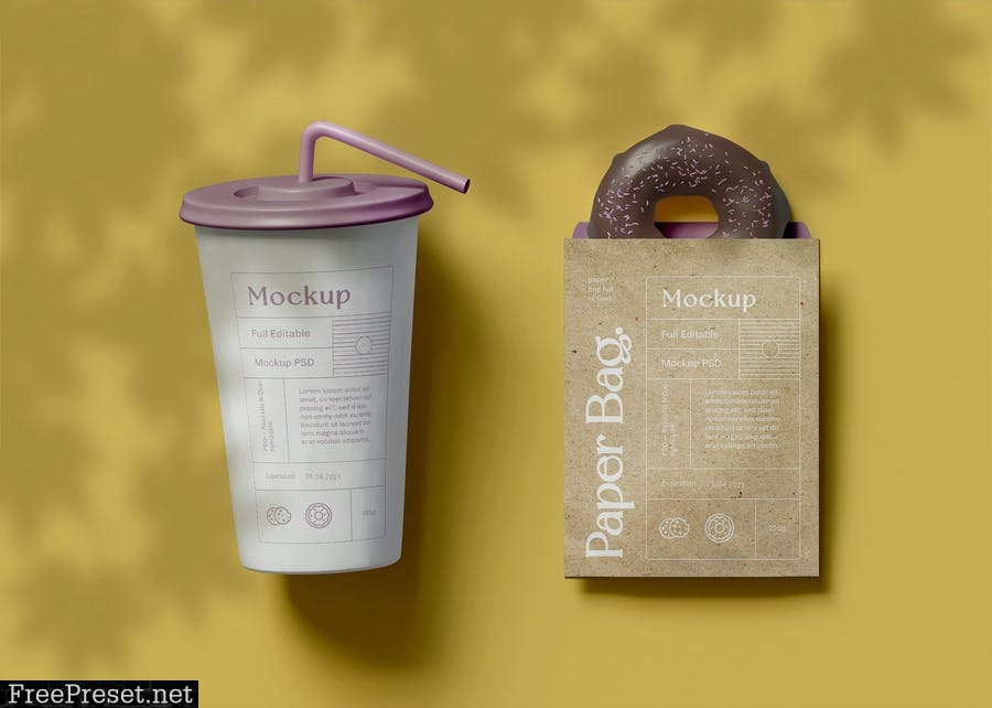 Paper Cup with Bag and Donut Mockup 7RYM7QQ